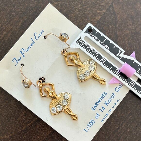 VTG 14k Karat Gold Dancing Ballerinas Zircon Earrings For Pierced Ears Made USA - Picture 5 of 7